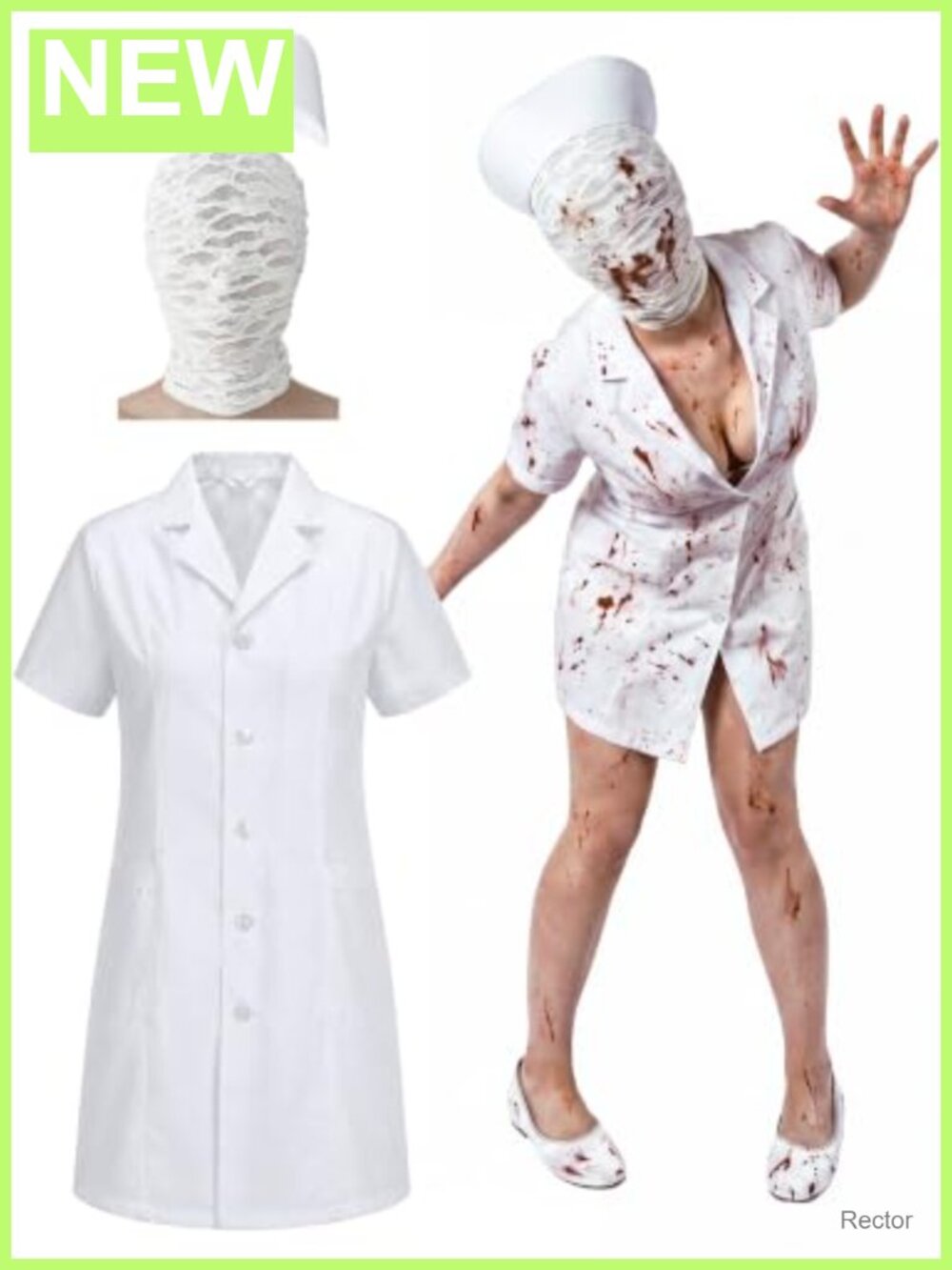 Halloween Headless Nurse Costume 3 Pc Cosplay Set Mesh Face Cover Cap